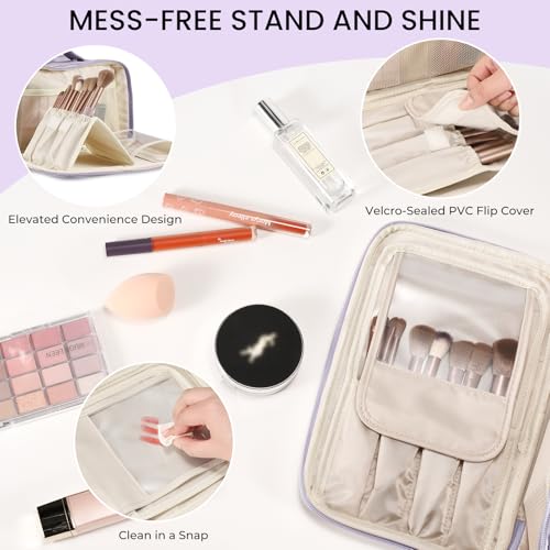 HauteHues Travel Makeup Bag Women's Large Capacity Cosmetic Portable Organizer Large Opening Waterproof Storage Toiletry Bags Vertical Free-Standing Brush Holder for Easy Access Purple - color: Purple