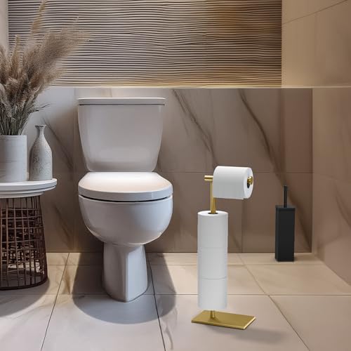 Gatco 1443B, Modern Rectangle Base Freestanding Toilet Paper Holder with Storage, 21.13”H, Brushed Brass - color: Brushed Brass, 21.13"h