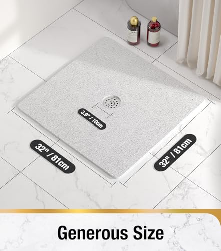 HITSLAM Square Shower Mat, 32 x 32 Inch Non Slip Bath Mat for Tub, Soft PVC Loofah Bathtub Mats with Drain Holes, Quick Drying Bathroom Stall Floor Mat, Bathroom Accessories Without Suction Cup, White - color: White, size: 32" x 32" (Square)