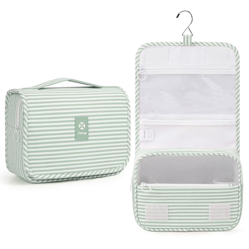 Narwey Small Hanging Toiletry Bag for Travel Women Girl, Striped Toiletries Travel Bag with Hook, Hanging Makeup Bag Organizer Make Up Cosmetic Bags, Gifts for Kids Teen (Mint Green Stripe) - color: Y-Mint Green Stripe