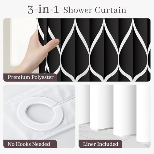 Yiatn No Hook Black Shower Curtain with Snap in Fabric Liner Set - Hotel Style with See Through Mesh Top Window - 71x74 INCH - color: A. Black, size: 71"W x 74"L (Pack of 1)