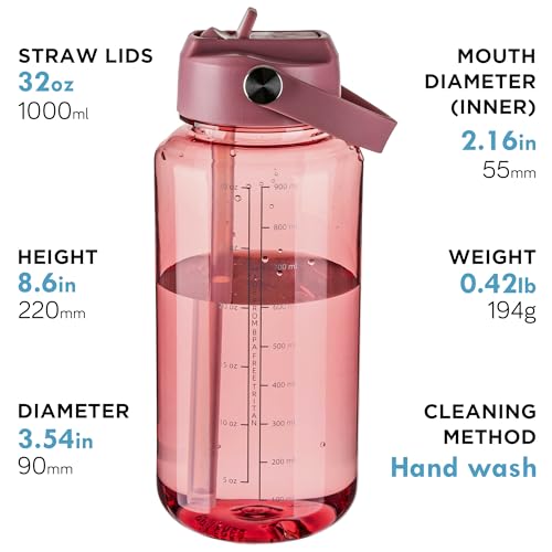 OLDLEY 32oz Water Bottle with Straw, Leakproof Tritan Clear Bottle with Marked Bottle and Carry Handle, BPA-Free Wide Mouth Reusable Sports Water Bottle for Gym,Hiking, Camping,Travel,Workout,Red - color: Red