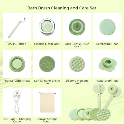 Electric Body Bath Brush for Shower, Rechargeable Body Brush with Detachable Long Handle and 5 Heads, 3 Speeds Bath Brush for Skin Care, Basic Cleaning and Massage (Sliver)
