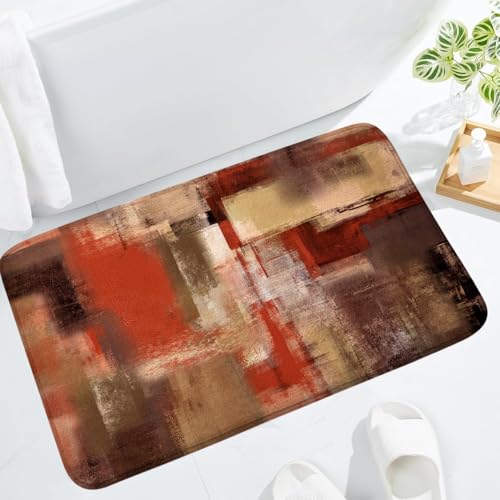 Red Orange Abstract Bath Rug, Modern Art Brown Rust Painting Bath Mat Sets for Bathroom, Soft Non Slip Floor Rugs 17X29 Inch - color: Red Orange