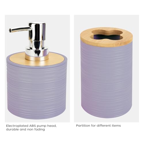 2 PCS Lavender Bathroom Accessories Set, Soap Dispenser and Toothbrush Holder Set, Plastics & Bamboo Bathroom Set, Bohemian Style Bathroom Sink Set - color: Lavender Purple, size: 2 PCS
