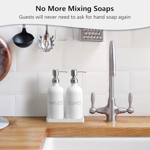 White Dish and Hand Soap Dispenser Set - Glass Kitchen Soap Dispenser with Tray and Stainless Steel Pump - for White Kitchen Decor and Accessories - color: White