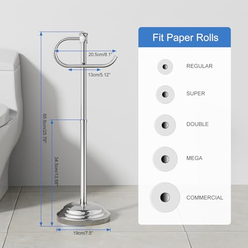RUMOSE Toilet Paper Holder Stand for Floor, Polished Chrome Bathroom Free Standing Toilet Tissue Roll Holder with Storage, Adjustable 17-25 Inch, SUS304 Stainless Steel - color: Polished Chrome