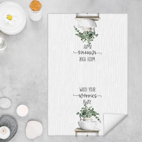 Vintage Eucalyptus Bathroom Decor Hand Towels, Wash Your Worries Away Sage Green Eucalyptus Leaves Hand Towels for Bathroom Washroom Restroom Toilet Decor, 16x24 Inches - color: Wash Bathroom B