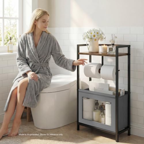 Toilet Paper Holder Free Standing with Storage Basket, Bathroom Tissue Holder Stand with Top Wood Shelf for Phones, Wet Wipes, Small Plants, Metal Toilet Paper Rack for Bathroom Organizer, Black