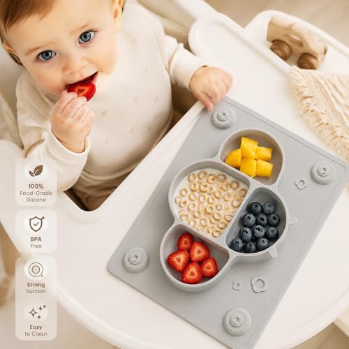 ROCCED Suction Plates for Baby Placemat Spoon Fork Set for Toddlers, Silicone Baby Plates with Suction Baby Dishes for Kids Plates-grey - color: Gray