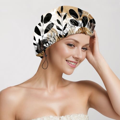 2 PCS Shower Cap Reusable Waterproof Adjustable Double Layer Elastic Dry Hair Bathing Caps Aesthetic Cute for Women Girls-Leaf Cowhide - color: H-17-Leaf Cowhide