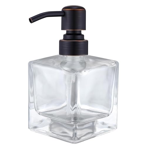 Square Bathroom Soap Dispenser Oil Rubbed Bronze, Glass Bottles with Stainless Steel Pump Retangle Cube Liquid Soap Dispenser Hand Kitchen with Waterproof Lables - color: Oil Rubbed Bronze, size: 8.4oz-Square