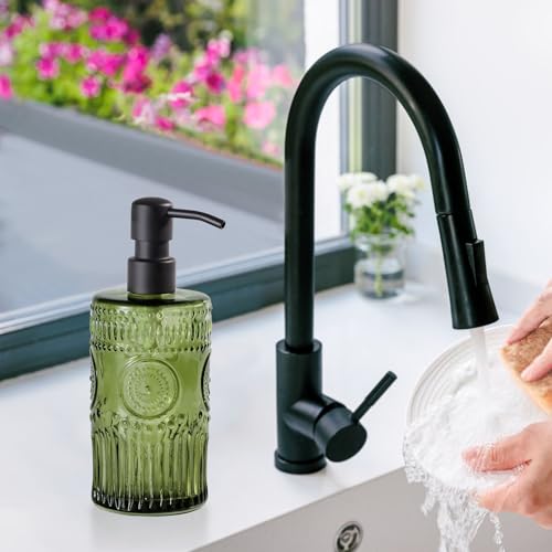17 OZ Sunflower Embossed Glass Soap Dispenser - 2 Pack, with 304 Rust Proof Stainless Steel Pump, Glass Soap and Lotion Dispenser Set, Liquid Hand Soap Dispenser for Home, Kitchen & Bathroom (Green) - color: Green