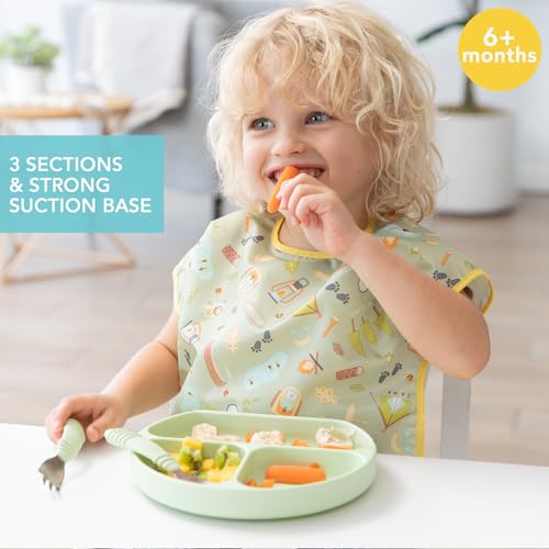 Bumkins Toddler and Baby Suction Plate, Silicone Divided Grip Dish for Babies and Kids, Baby Led Weaning, Children Feeding Supplies, Non Skid Bottom, Platinum Silicone, 6 Months Up, Gray and Sage - color: F4 Gray, Sage-GD