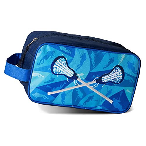 ChalkTalkSPORTS Girls Lacrosse Toiletry Bag - Eat Sleep Lacrosse - Blue | Polyester, Center Zipper, Side Handle, 11 x 6 x 5 Inches, Sports Camp Bag, Makeup Bag, Makeup Pouch, Lacrosse Gift - color: Love Lax