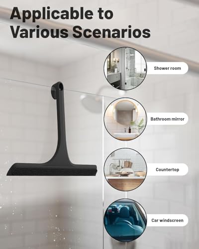 2-in-1 Silicone Shower Squeegee with Hook,Dual-Sided Design with Scraper & Scrub Surface,Streak-Free Bathroom Squeegee for Glass Doors,Mirrors,Windows,Car Windshields (Black Squeegee+Hook+Dispenser) - color: Black Squeegee+hook+dispenser