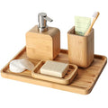 4Pcs Handmade Bamboo Sink & Bathroom Accessories Set Retro Set, Natural, Soap Dish Holder for Shower, Lotion Soap Dispenser, Mouthwash Cup, Rinse Cup, Organiser Tray for Hotel, House, Office