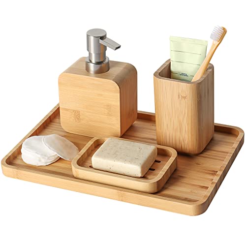 4Pcs Handmade Bamboo Sink & Bathroom Accessories Set Retro Set, Natural, Soap Dish Holder for Shower, Lotion Soap Dispenser, Mouthwash Cup, Rinse Cup, Organiser Tray for Hotel, House, Office