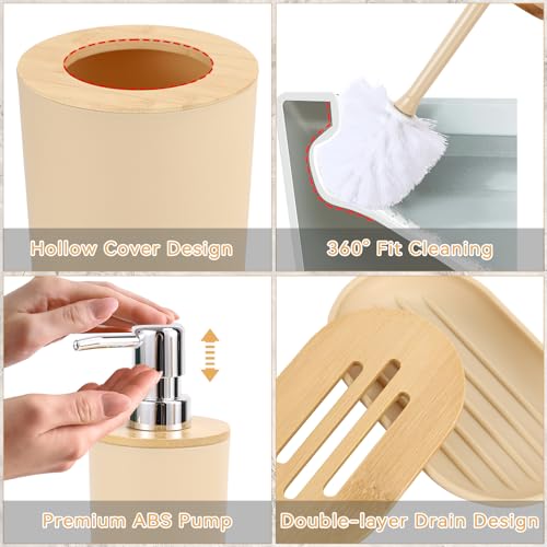 SLDIYWOW Bathroom Accessories, Beige Bathroom Accessories Sets Complete with Trash Can,Tray,Soap Dispenser,Toothbrush Holder,Toothbrush Cup,Soap Dish,Toilet Brush and Q-tip Holders for Bathroom - color: Beige