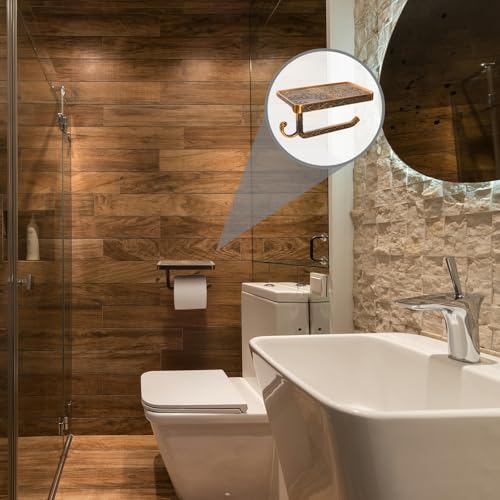 SOUJOY 2 Pack Vintage Toilet Paper Holder with Shelf, Bathroom Tissue Roll Hanger, Anti-Rust Aluminum Wall Mount Toilet Paper Dispenser with Storage Rack for Phone, Wipes, Soap, Antique Bronze