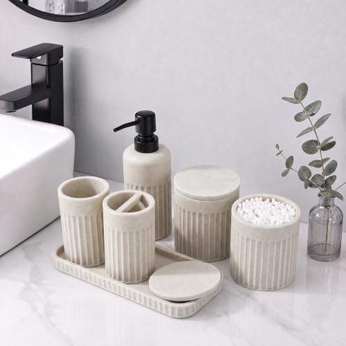 INIUNIK Bathroom Accessory Set, 6 Pieces, Beige | Resin, Bathroom Accessories Set, with Soap Dispenser Set, Toothbrush Holders, Tumbler, Vanity Tray & 2 Qtip Holder - color: Beige -2
