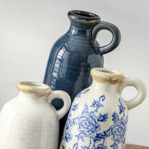 Ceramic Vase Set of 3 with Handle, Vintage Rustic Vases Home Decor Farmhouse Decorative Vase Pottery Decor Modern for Table Mantel Entryway Bookshelf Living Room Kitchen Bedroom - Blue - color: 010 Vase Set - Vintage Blue