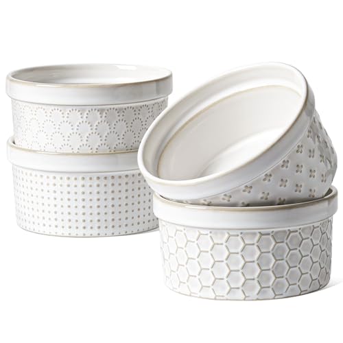 LE TAUCI Ramekins 12 oz, Ramiken for Creme Brulee, Souffle, Dipping Sauce, Ceramic Embossment Housewaming Present -4.8 inch, Set of 4, Arctic White - color: Arctic White, size: 12 oz