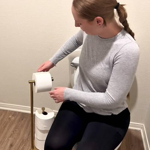 theaoo Heavy-Duty Toilet Paper Holder Stand – Modern Freestanding Bathroom Toilet Tissue Paper Roll Holder with Reserve & Storage, Stainless Steel (Brushed Gold, Free Standing) - color: Brushed Gold