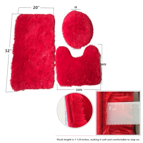 Soft Bathroom Carpet 3 Piece Bathroom Rugs and Mats Set Bath Mats Set with U-Shaped Toilet Floor Mat Rugs andToilet Lid Cover Mat (red) - color: Red