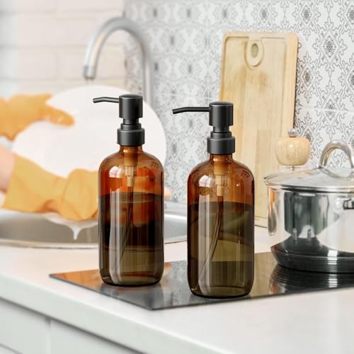 AmazerBath Amber Glass Soap Dispensers, 2 Glass Amber Pump Bottles, 17 Oz Dish Soap Dispenser, Kitchen Bathroom Hand Soap Dispensers for Hand Sanitiser, Shampoo, Lotion, Shower Gel Conditioner - color: Brown