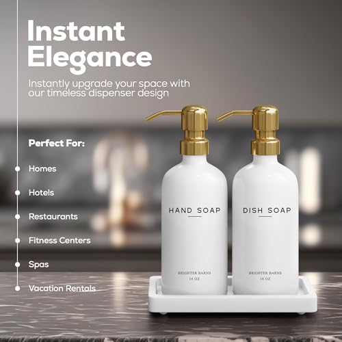 Luxury Glass Hand and Dish Soap Dispenser Set by Brighter Barns - Kitchen Soap Dispenser Set with Tray for Kitchen Sink - White and Gold Home Accessories & Decor for Restaurants, Airbnb, Gift (Gold) - color: Gold Hd