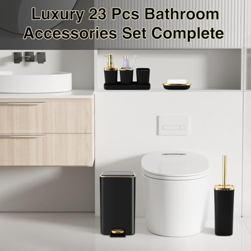 Bathroom Sets with Shower Curtain and Rugs Bathroom Accessories Set Black Bathroom Set,Soap Dispenser & Toilet Brush Holder Set with Stainless Steel Trash Can(23 PCS) - size: Black, style: Bath Set+Waffle Shower Curtain+Bath Rugs