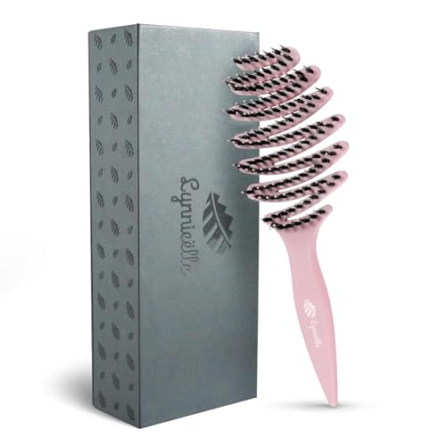 Wet Natural Boar Bristle Hair Brush for Fine Hair - A Great Gift | Smoothing Vented Detangling, Hair Texture, Gentle Scalp Feel, for Women and Men, Paddle, Frizz, Thin Hair, High Quality - color: Light Pink