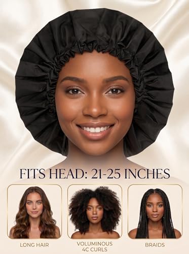 Aquior Shower Cap for Women, Extra Adjustable Shower Caps for Women Double-Layer Waterproof Reusable Hair Cap, Large Size Hair Cap for All Hair,for Girls Spa Bath,Soft and Comfortable (Back) - color: black