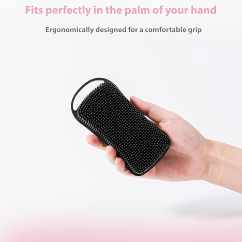 MtBoi 2 PC Silicone Body Scrubber, 2 in 1 Exfoliating Shower Bath Scrubber, Soft Silicone Loofah for Sensitive Skin, Shower Hair Scalp Massager, Easy to Clean, Lather Well (Black&Pink) - color: Black&pink