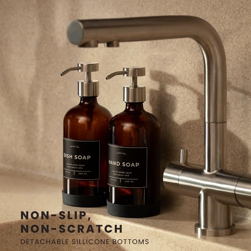 Hand and Dish Soap Dispenser for Kitchen and Bathroom, Set of 2 16 Oz Glass Bottles, Stainless Steel Pumps, Non-Slip Silicone Base, 27 Waterproof Labels (Amber Bottle/Brushed Silver Pump) - color: Amber Bottle / Brushed Silver Pump