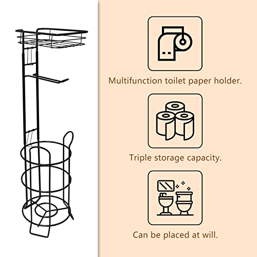 Toilet Paper Holder Stand Bathroom Toilet Paper Storage with Raised Base, Tissue Paper Roll Dispenser with Top Shelf (Black)