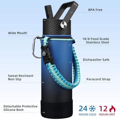 BJPKPK Insulated Water Bottle with Straw Lid, 22oz Thermal Flasks Water Bottles with 3 Lids, Paracord Handle & Non-slip Boot, BPA Free Leak Proof Stainless Steel Tumblers,Blue Black - color: Blue/Black, size: 22 Ounces