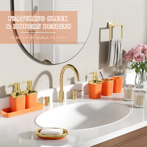 Bathroom Set - 11PC Bathroom Accessory Set, Bathroom Accessories Set, Orange Bathroom Set, Push-lid Trash Can, 3PC Soap Dispensers, Toilet Brush & Q-tip Holders - color: Orange & Gold, size: Bath Set