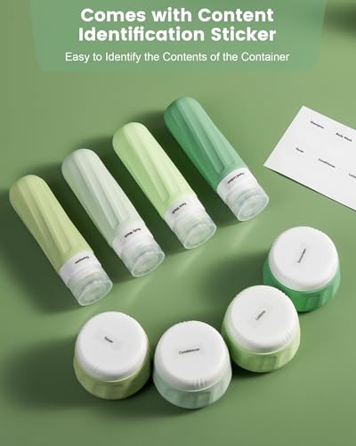 Mrsdry Travel Size Toiletries 8 Pack, TSA Approved 3oz Silicone Squeeze Bottles & Cream Jars with Clear Travel Bag - color: Water Green, size: 3oz bottle 3oz jar