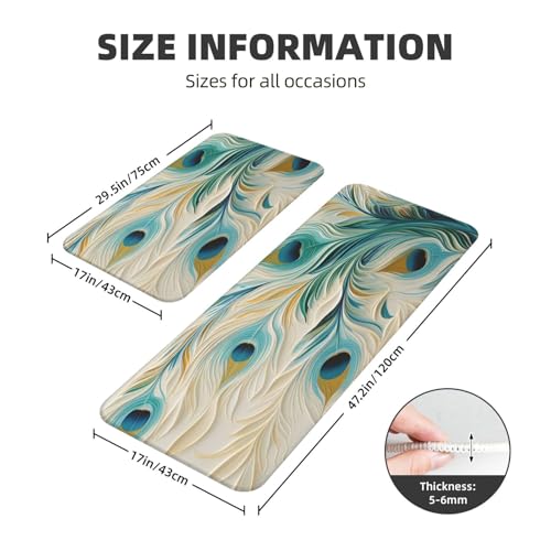 Peacock Feather Art Printing Kitchen Rugs Mats Set of 2 Pcs Non-Slip Floor Mats Washable Runner Rugs Set for Bathroom Laundry Hallway Kichen Comfort Standing Mat - color: Peacock Feather Art Printing