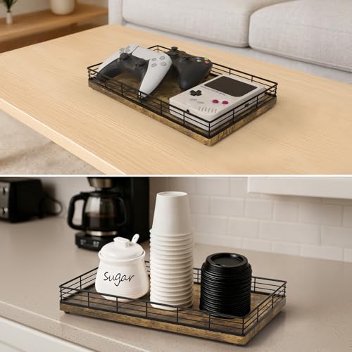 Bathroom Vanity Tray, 13" x 8" Decorative Wooden Tray for Countertop | Large Bathroom Vanity Organizer Wood Tray for Perfume Skincare Accessories Storage, Vanity Dresser Decor Black & Rustic Brown - color: Rustic Brown, size: 13" x 8" x 2"