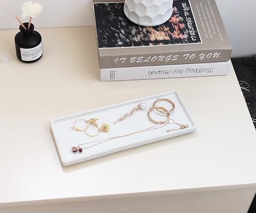 9.2" Porcelain Small Bathroom Narrow Tray - White | Ceramic Countertop and Mini Vanity Tray for Cosmetics, Perfume, Jewelry, Candle - Kitchen Soap Tray for Kitchen Counter - color: White, size: 9.2" x 3.6" x 0.6"