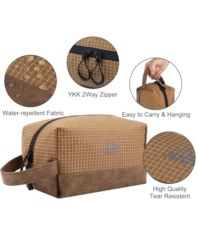 GOX Premium Plaid & Leather Travel Toiletry Bag with Reinforced Handles Cosmetic Organizer (9x5.1x5.1 inches) for Bathroom, Shaving, Makeup Essentials (Brown) - color: Brown