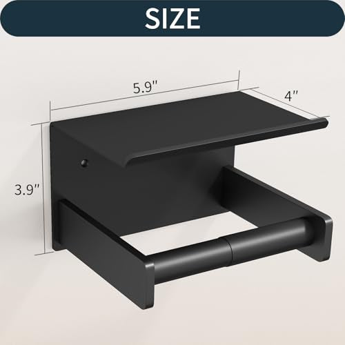 Bethom Toilet Paper Holder with Shelf Wall Mount, Self Adhesive or Screw in, Tissue Holder for Bathroom Washroom RV with Spring Rod, Matte Black