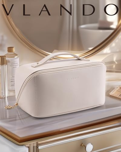 VLANDO Makeup Bag,Travel Toiletry Bag,Cosmetic Bag for Women PU Leather Portable Make up Bag for Skincare, Brushes & Travel Essentials-Off White - color: 05.Off White