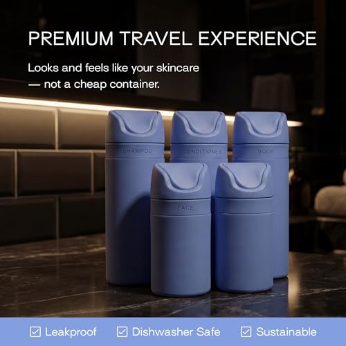 RIES Essential Refillable Toiletry Travel Bottles Airless Pump Set | TSA Approved, Leak Proof Airless Pump, BPA Free Recycled Plastic, 5 Piece Blue Color Set, Dishwasher Safe - color: Runaway Blue