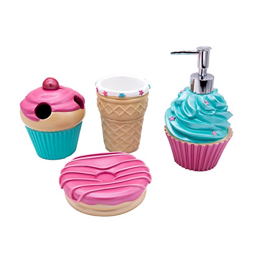 Bathroom Accessories Sets Organizer Complete with Milkshake Lotion/Soap Dispenser,Egg Tube Bath Cup/Tumbler,Donut Soap Dish,Cake Toothbrush Holder for Kids Bath Decor (Pink) - style: Ice Cream Design