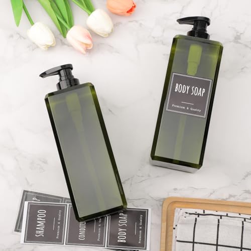 Segbeauty 33.8oz Square Plastic Soap Dispenser Refillable, 2pcs Large Capacity Empty Soap Dispenser Bathroom Kitchen, Green 1000ml Shampoo Pump Bottle Set, Hand Wash Bottles with Waterproof Labels - color: Green, style: 2pcs