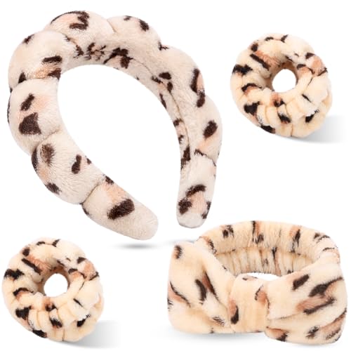 Headband for Washing Face Wristband Set, Leopard | Soft absorbent fabric, snug head-hugging fit for face washing, skincare, makeup, masks, travel, women and teen girls - color: Brown leopard print